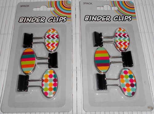 Unique Designer Binder Clips, 3 Designs Colorful Hand Grips 2 packs of 3 count