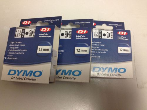 LOT OF 3 DYMO D1 12mm Black on White Label Cassette 45013