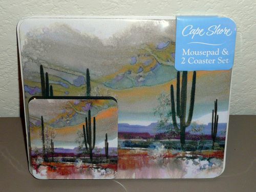 New Cape Shore Southwest Sunset Saguaro Cactus Mousepad &amp; 2 Coaster Desk Set