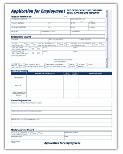 8 PACK - 25 Forms Each - Adams Application For Employment - 9288ABF