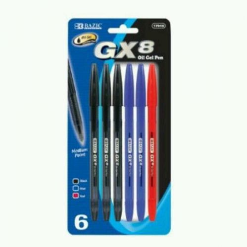 Bazic 17019-24 GX-8 Asst. Color Oil-Gel Ink Pen, 6 Pack, Black, Blue, Red,