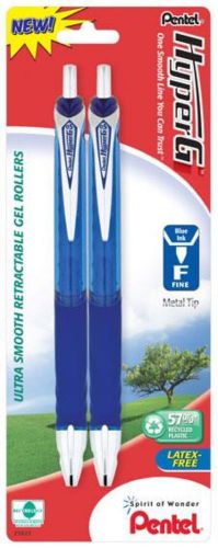 HyperG Retractable Gel Roller Pen 0.5mm Fine Line Permanent Blue Ink 2 Pack