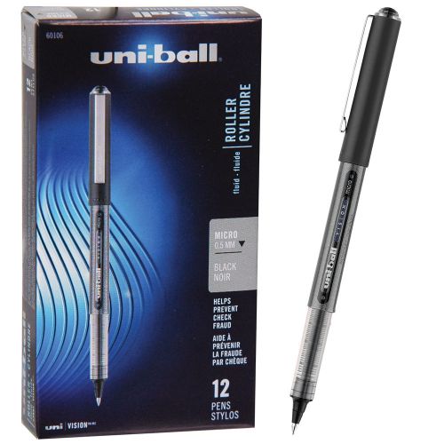 Box of 12, UniBall Uni-Ball Vision Micro Rollerball Pen, 0.5mm, Black Ink, 60106