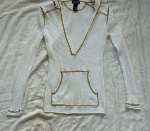 Athleta White Ribbed V-Neck Hoodie/Sweater M organic cotton stretch L/S shirt