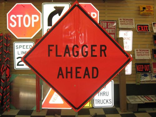 Flagger Ahead Fluorescent Vinyl With Ribs Road Sign 48&#034; X 48&#034;