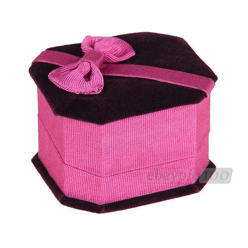 Bowknot Velvet Jewelry Ring Earring Package Display Gift Box Case Fuchsia