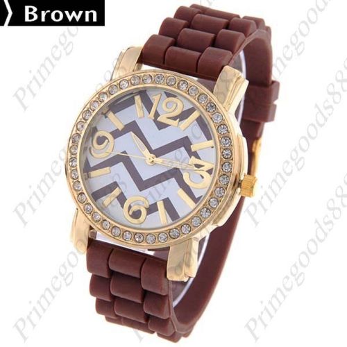 Silicon Band Rhinestone Quartz Wrist Lady Ladies Wristwatch Women&#039;s Brown