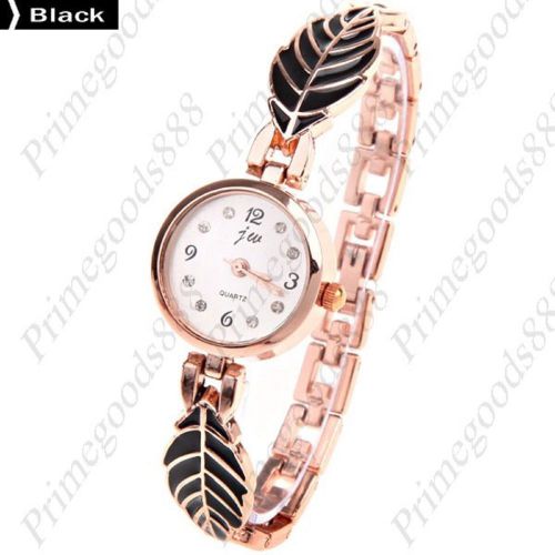 Leaf Bracelet Bangle Gold Golden Quartz Lady Ladies Wristwatch Women&#039;s Black