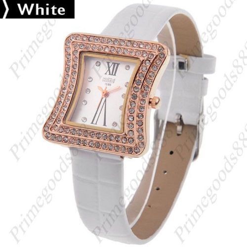 PU Leather Rhinestones 2 Roman Numbers Wrist Quartz Wristwatch Women&#039;s White