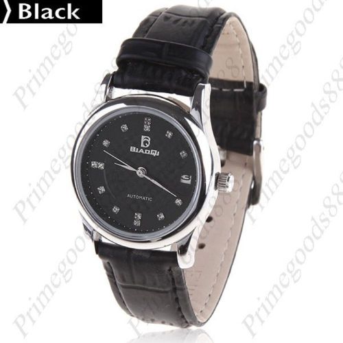 Round Silver Faux Leather Quartz Lady Wrist Ladies Wristwatch Women&#039;s Black