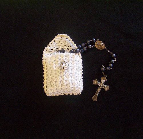 Hand Crochet White and Ecru Rosary Jewelry Pouch Case