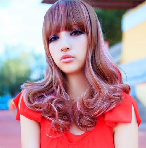 Honey highlighted with pink medium wave heat resistant women lady girl full wig