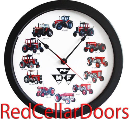 New MASSEY FERGUSON 14&#034; Tractor Clock 12 Tractors MASSIVE Wheel Dial Black Logo