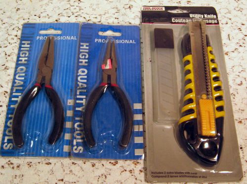 Set of New Tools - 2 Needle Nose Pliers &amp; Razor Blade Utility Knife