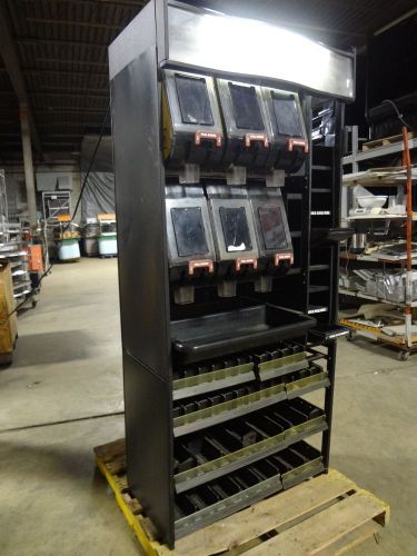 Heavy duty commercial lot of 6 coffee bin dispenser on lighted display rack for sale