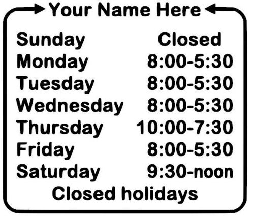 Custom store hours vinyl decal 12&#039; x 12&#034; your choice of color business resturant for sale