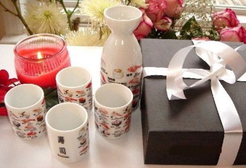 5 PC Japanese Sushi Printed Sake Set: 1 Bottle + 4 Cups in Original Black Box