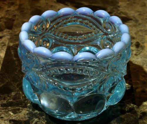 Blue Opalescent glass salt dip cellar Eyewinker pattern