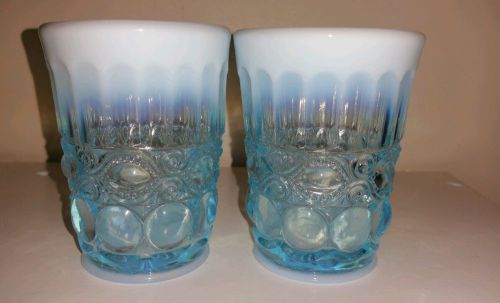 Pair of Eyewinker Vaseline Opalescent Glass Tumblers Cups Blue and White Mint 2