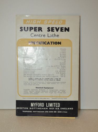 MYFORD HIGH SPEED SUPER SEVEN 3 1/2&#034; CENTER LATHE CATALOG  (JRW#015)