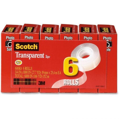 3M 600K6 Scotch Transparent Tape, 1&#034; Core, 3/4&#034;x1000&#034; Roll, 6 Rolls/PK