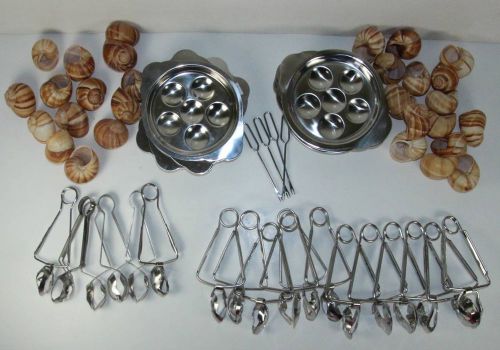 58 pc Vollrath 18-8 Stainless Steel ESCARGOT Forks Shellfish TONGS  TRAYS JAPAN