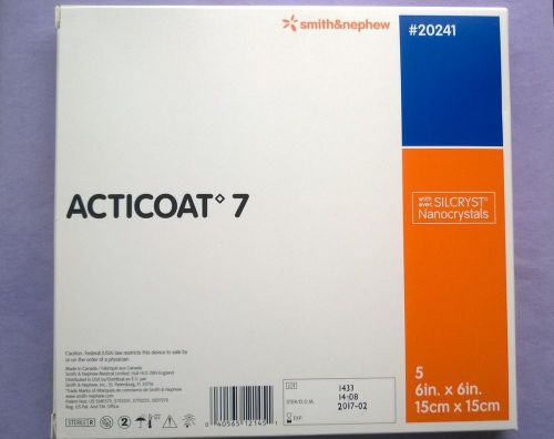 Smith &amp; nephew acticoat 7 antimicrobial drsg  20241 6 &#034;x 6&#034; box of 5 02/2017 for sale