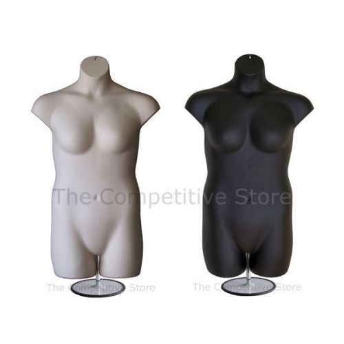 2 female plus size black + flesh mannequin forms with base - for sizes 1x - 2x for sale