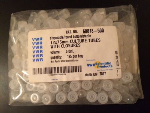 VWR 60818-500, Culture Tube with Closure, 5mL, 12X75mm, Round Bottom, Bag of 125