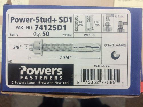 New box of 50 powers fasteners 7412sd1  3/8&#034; x 2 3/4&#034; power stud wedge anchor for sale