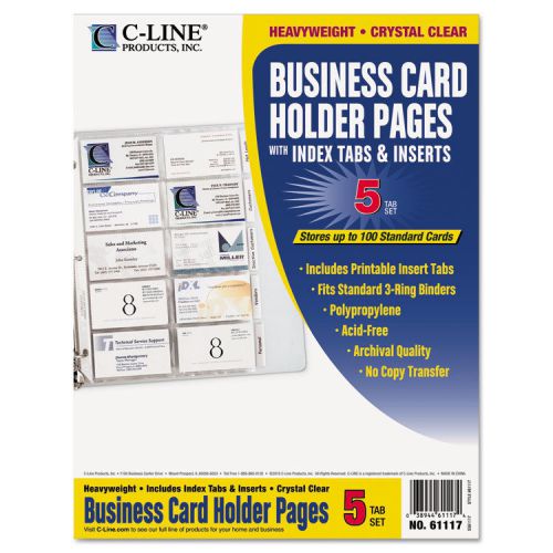 Tabbed business card binder pages, 20 cards per letter page, clear, 5 pages for sale