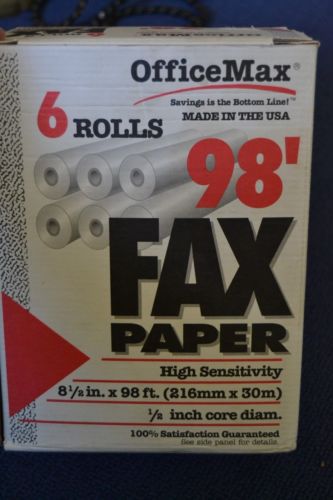 OFFICE MAX 98&#039; FAX PAPER, 5 ROLLS, 8 1/2&#034; X 98&#039; , 1/2&#034; CORE, NEW!