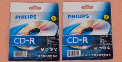 Two 3 Pack Philips Blank CD-R 700MB 80 Min CR7D5NZ03/27 Free Shipping
