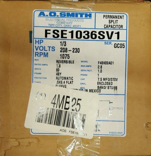 A.O. Smith F1036SB 1/3 HP, 1075 RPM, 1075 volts, 1.7 Amps, 48Y Frame, Ball Beari