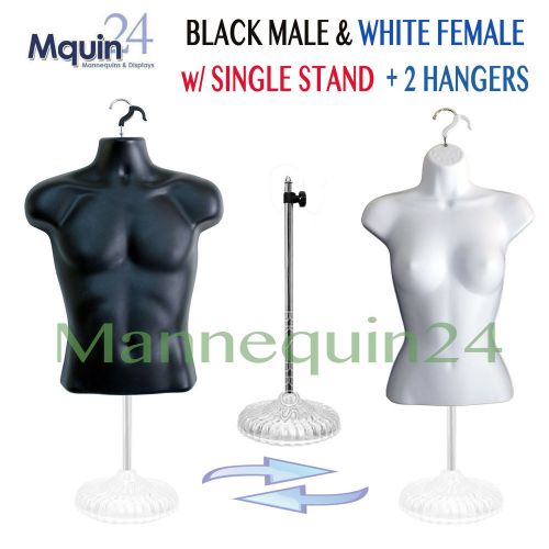 SET of  2 MANNEQUINS BLACK MALE + WHITE FEMALE TORSOS +1 STAND +2 HANGERS: