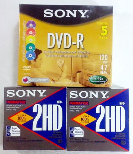 Sony DVD-R Discs 5-pack &amp; (2)Sony 3 1/2&#034; diskettes, 10-pack NEW SEALED