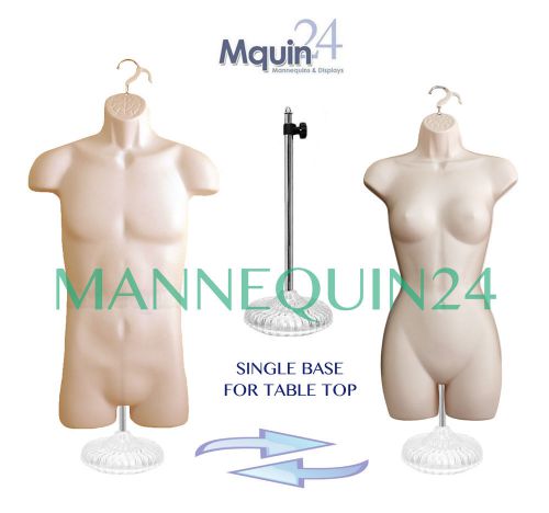 2 mannequins; set of flesh male &amp; female +1 table top stand +2 hangers for sale