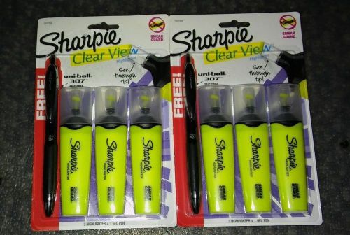 2 New 3 Packs Sharpie Clear View Yellow Highlighter with Uni-ball Gel Pen