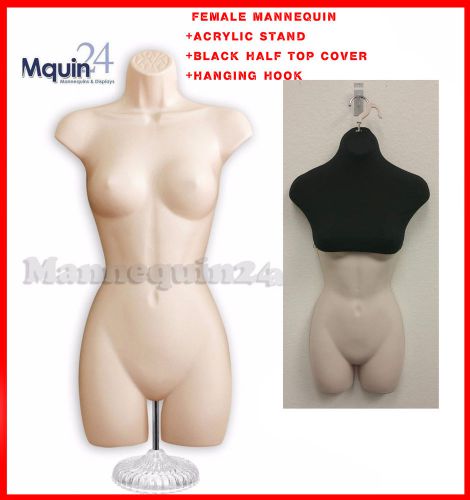 FEMALE MANNEQUIN BODY FORM FLESH w/Stand + Half Top Cover BLACk+ Hanging Hook
