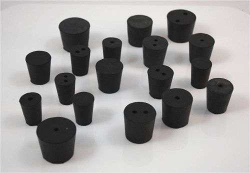 39 black rubber stoppers assortment 1lb - stopper variety of solid, 1 &amp; 2 hole for sale