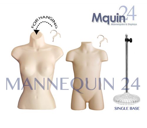 A SET OF 2 FLESH MANNEQUINS: FEMALE &amp; CHILD TORSO FORMS +1 STAND +2 HANGERS
