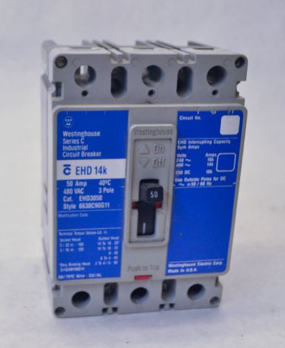 Westinghouse EHD3050 Circuit Breaker 50A 480V 3 Pole Serie C Type EHD