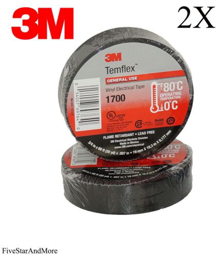 2X 3M TEMFLEX BLACK ELECTRICAL TAPE 1700 3/4&#034; X 60 FT FAST FREE SHIPPING
