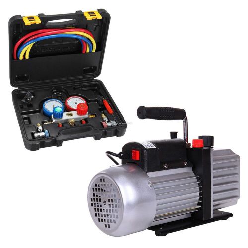Combo 5cfm 1/2hp air vacuum pump hvac + ac refrigeration kit a/c manifold gauge for sale