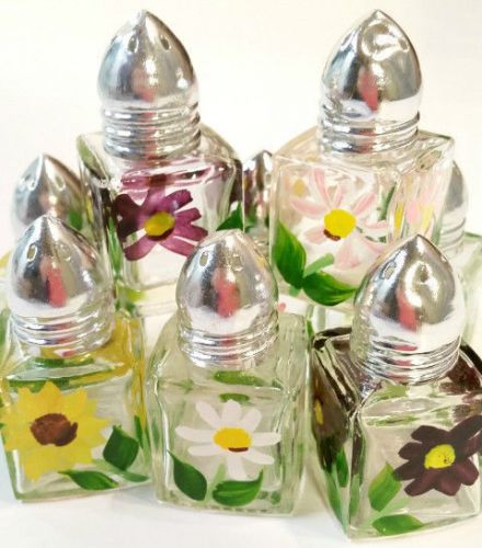 8  MINIATURE MINI Square Salt &amp; Pepper Shaker Set Glass Floral *~~
