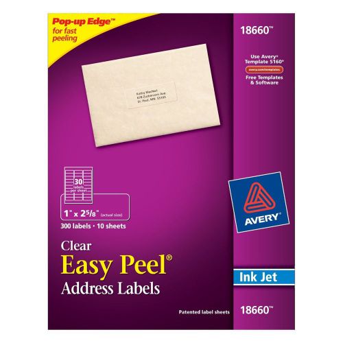 Avery Easy Peel Mailing Labels For Inkjet Printers, 1 x 2-5/8, Clear, 300/Pack.