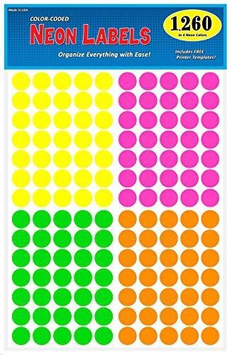 Pack of 1260 3/4&#034; round color coding circle dot labels, bright neon for sale