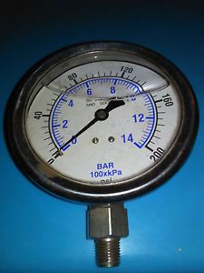 NEW Pressure Gauge 4&#034; Dial 0-200 psi [wet]316 Stainles 1/4&#034; Bottom Mount