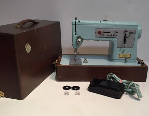 Blue Singer 338 Heavy Duty Zig-Zag Sewing Machine In Wood Case Leather And Denim