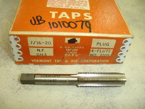 7/16&#034;-20 Vermont Tap and Die Plug Tap High Speed Steel  USA 4 Flute